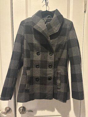 Grey and Black Plaid Double-Breasted Coat